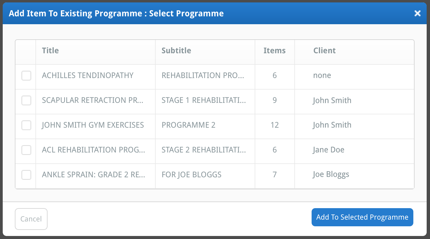 the Add to Existing Programme window