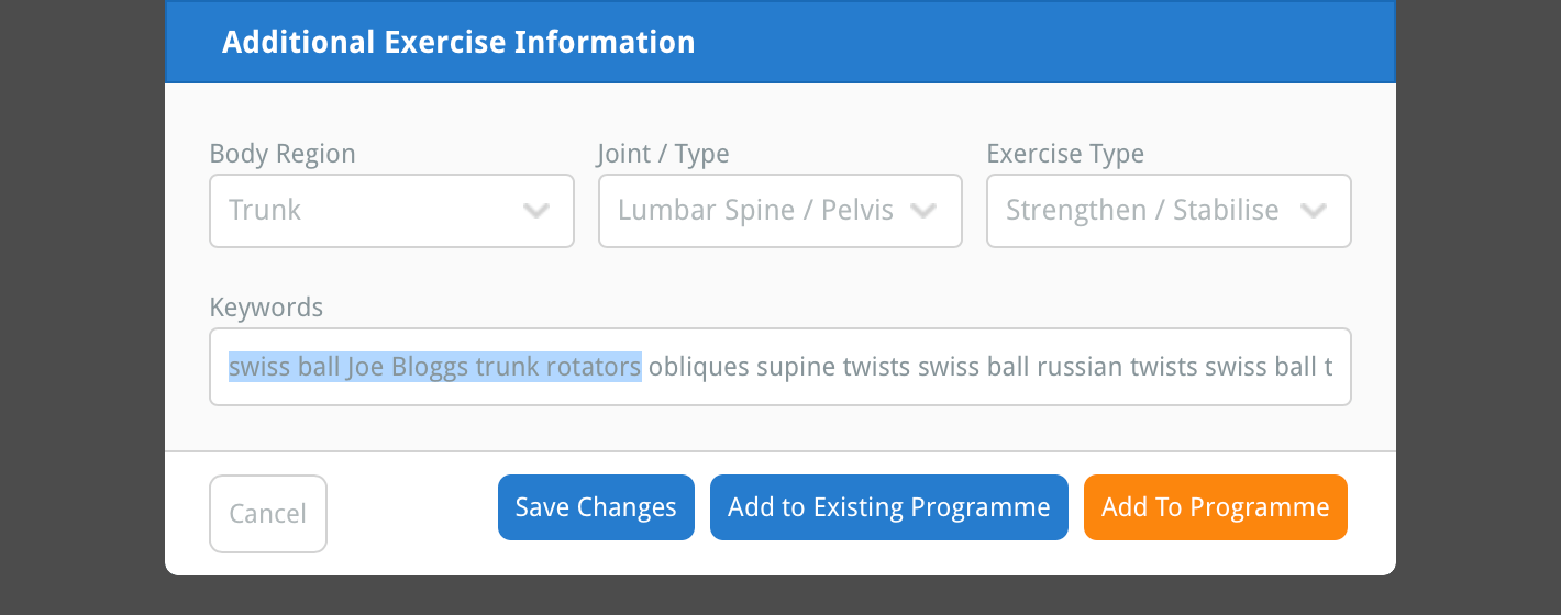 Add your own keywords to a custom exercise