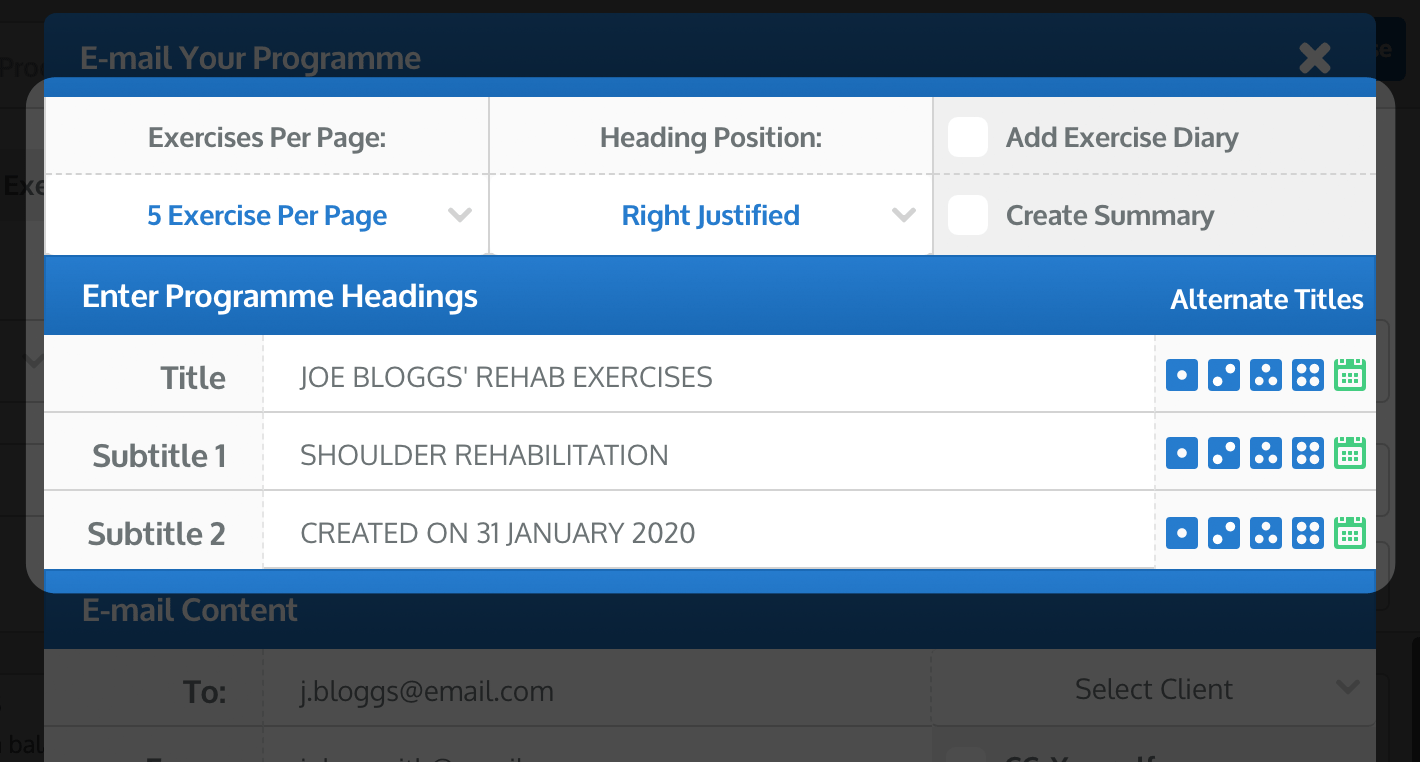 the E-mail Programme window : Programme layout and headings