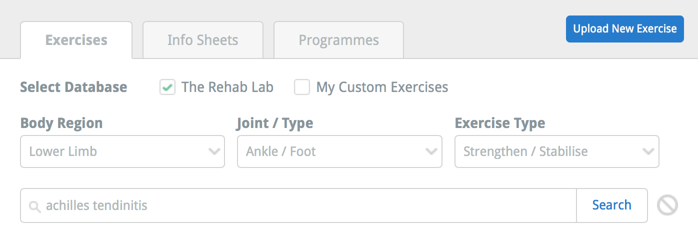 The Rehab Lab exercise search options