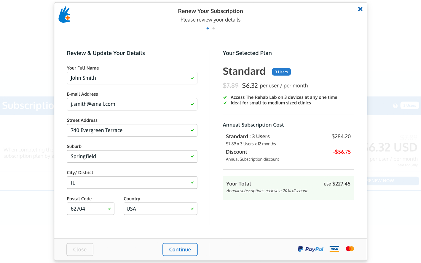 The Rehab Lab Subscription Renewal page